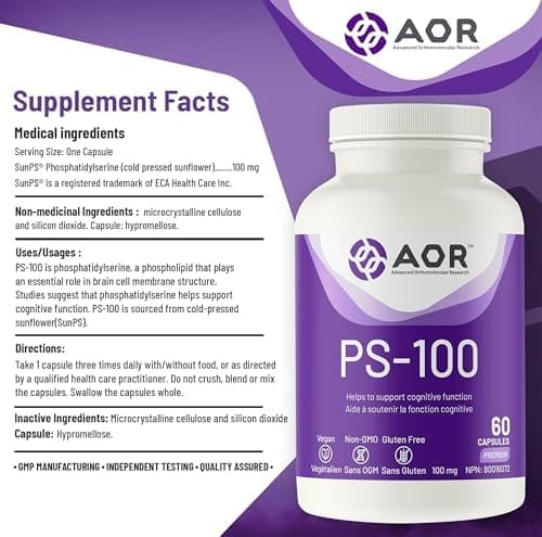 PS-100 Phosphatidylserine 100mg, 60 Caps 20-Day Supply - Vegan And Non-GMO - Ideal For Supporting Mental Clarity, Focus & Cognitive Support - Contains PS Phosphatidylserine From Sunflower Lecithin - Thumbnail 6